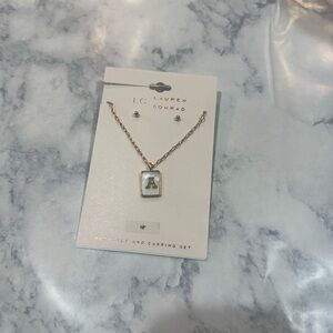 “A” necklace and gold earrings set